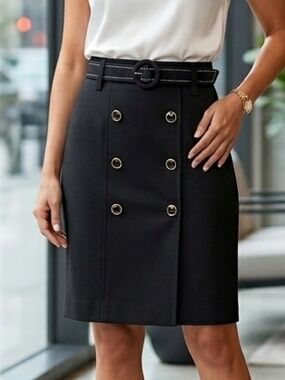 Ann Taylor Black Double-Button Pencil Skirt with Belt Size 6P